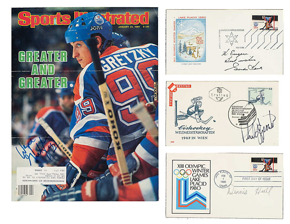 Hockey Signed Photograph and First-Day Cover Collection (8) Including Wayne Gretzky and Gordie Howe