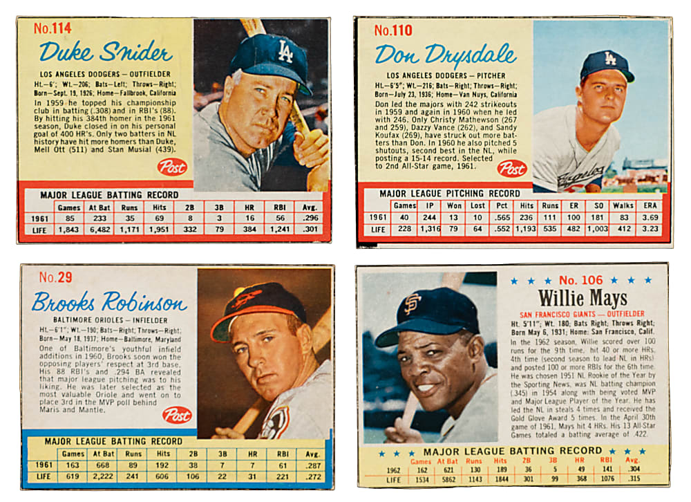 1961 to 1963 Post Cereal Collection (175) Including Willie Mays, Don Drysdale, and Duke Snider