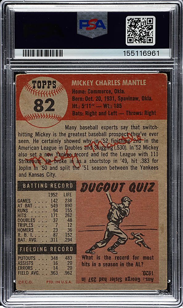 1953 Topps #82 Mickey Mantle PSA GOOD 2