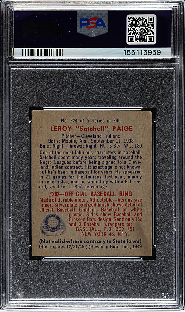 1949 Bowman #224 Satchel Paige PSA VG 3