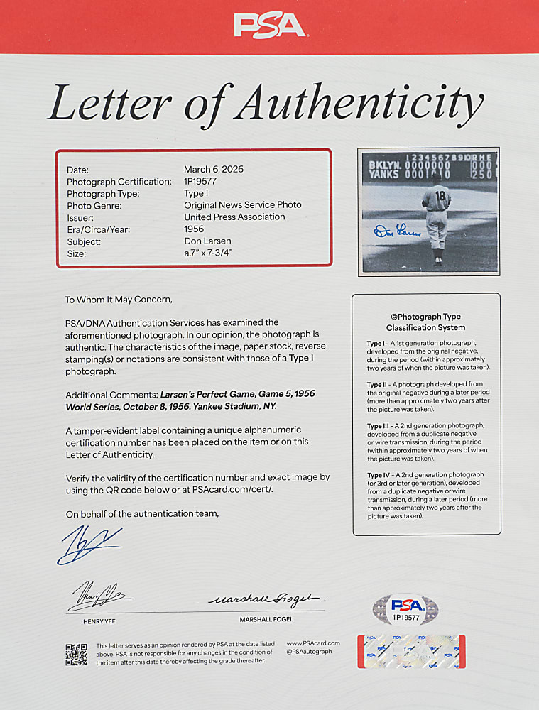1956 Don Larsen Signed Original United Press Associations News Service Photograph - PSA/DNA & JSA