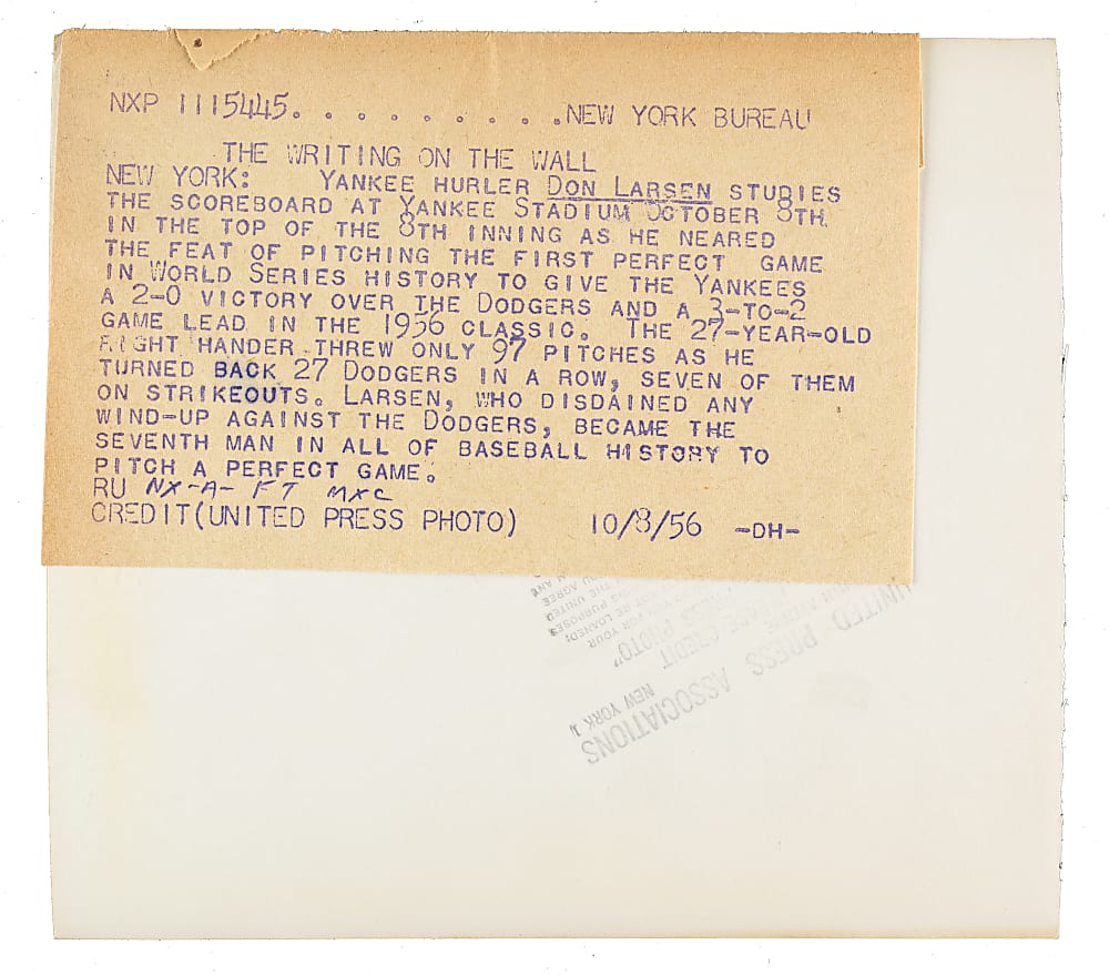 1956 Don Larsen Signed Original United Press Associations News Service Photograph - PSA/DNA & JSA