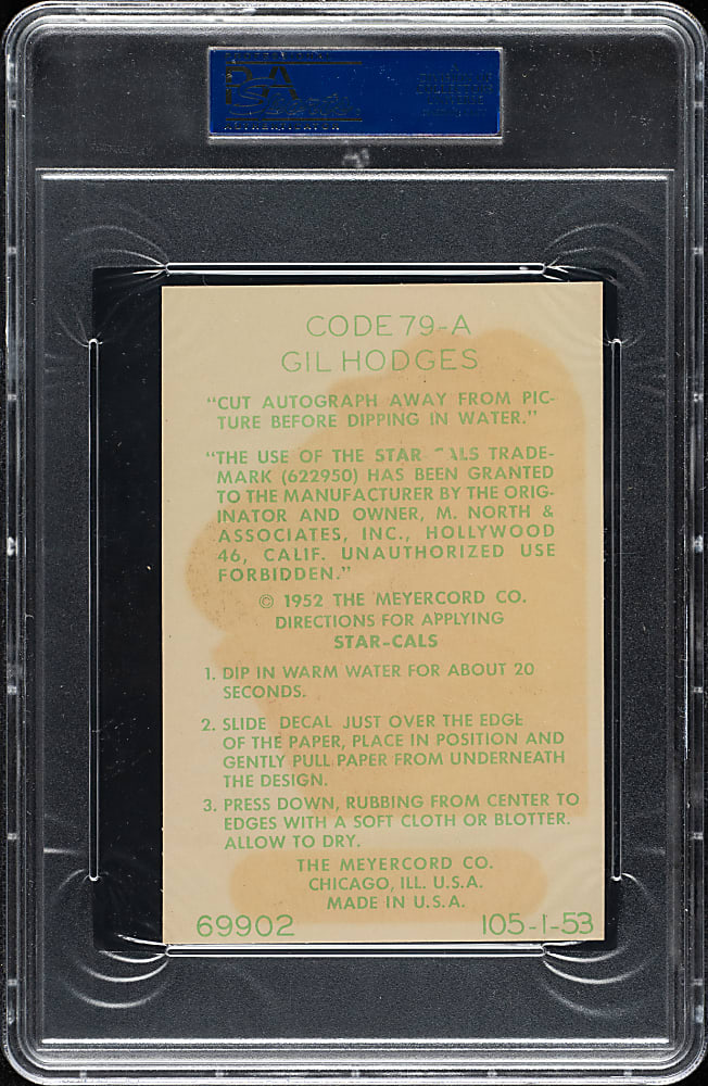 1952 Star-Cal Decals Type 1 #79-A Gil Hodges (No Envelope) PSA Authentic
