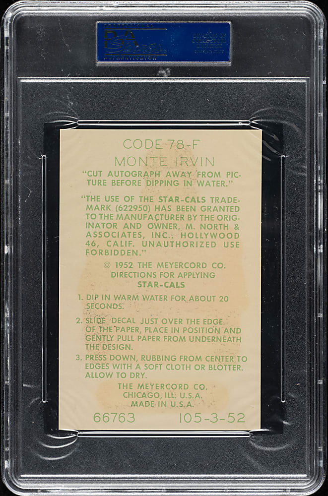 1952 Star-Cal Decals Type 1 #78-F Monte Irvin (No Envelope) PSA Authentic