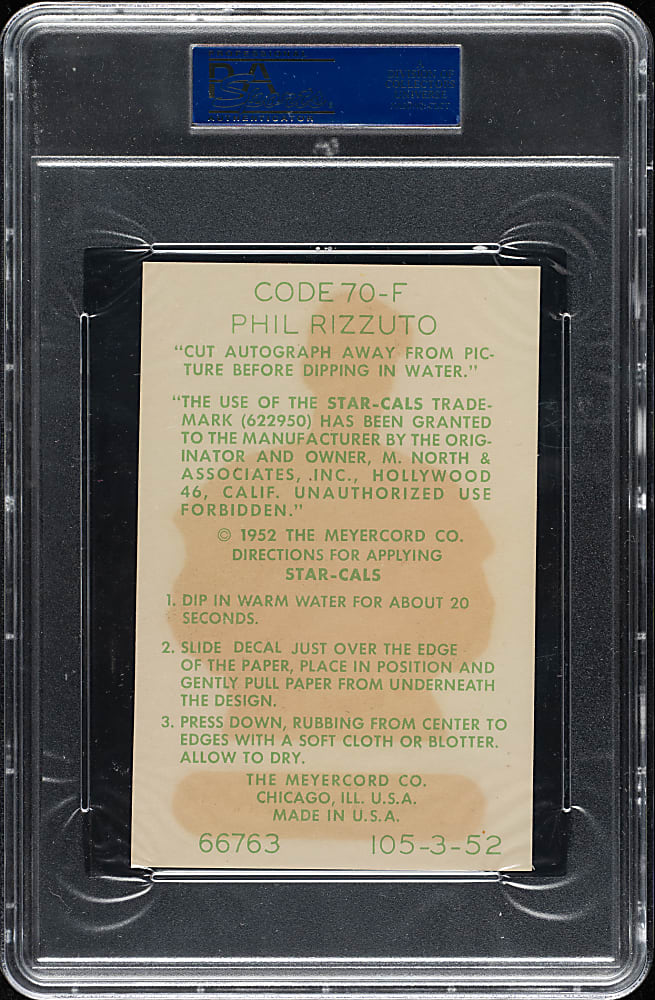 1952 Star-Cal Decals Type 1 #70-F Phil Rizzuto (No Envelope) PSA Authentic