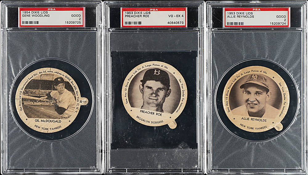 1953 and 1954 Dixie Lids PSA-Graded Trio: Preacher Roe, Allie Reynolds, and Gene Woodling