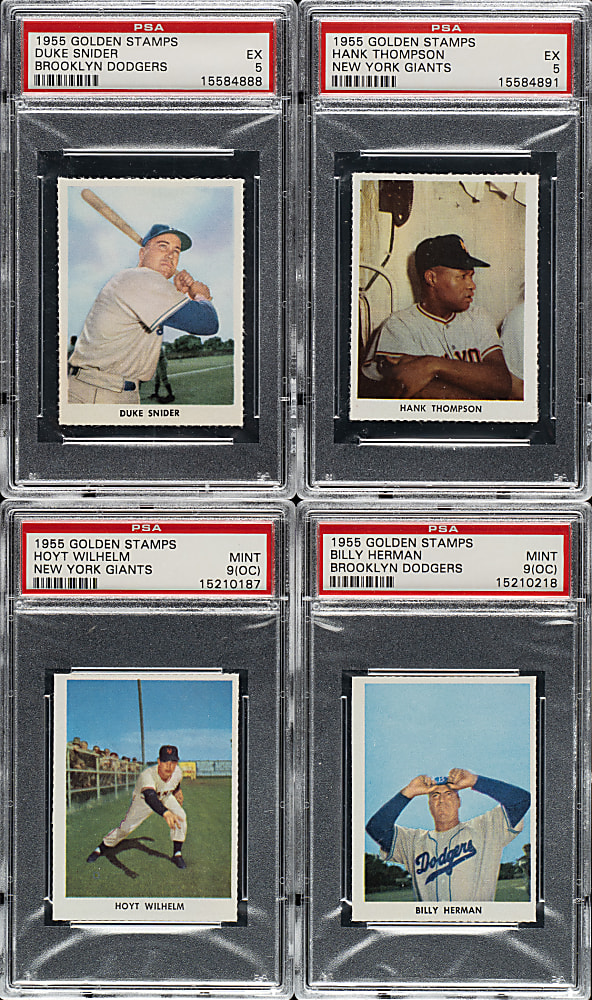 1955 Golden Stamps Brooklyn Dodgers and New York Giants PSA-Graded Collection (14) Including Herman, Snider, and Wilhelm