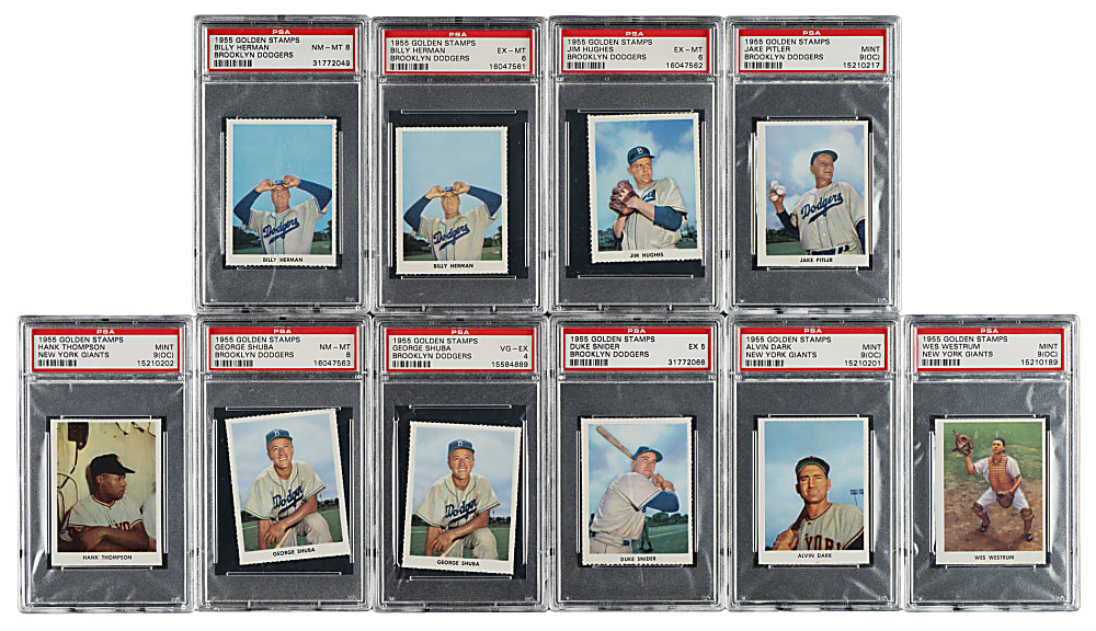 1955 Golden Stamps Brooklyn Dodgers and New York Giants PSA-Graded Collection (14) Including Herman, Snider, and Wilhelm