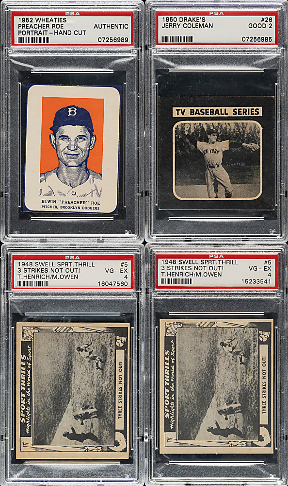 1948 to 1952 Swell Bubble Gum Sport Thrills, Drake's Cookies, and Wheaties PSA-Graded Collection (4)
