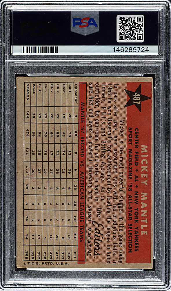 1958 Topps #487 Mickey Mantle All-Star PSA VG-EX 4