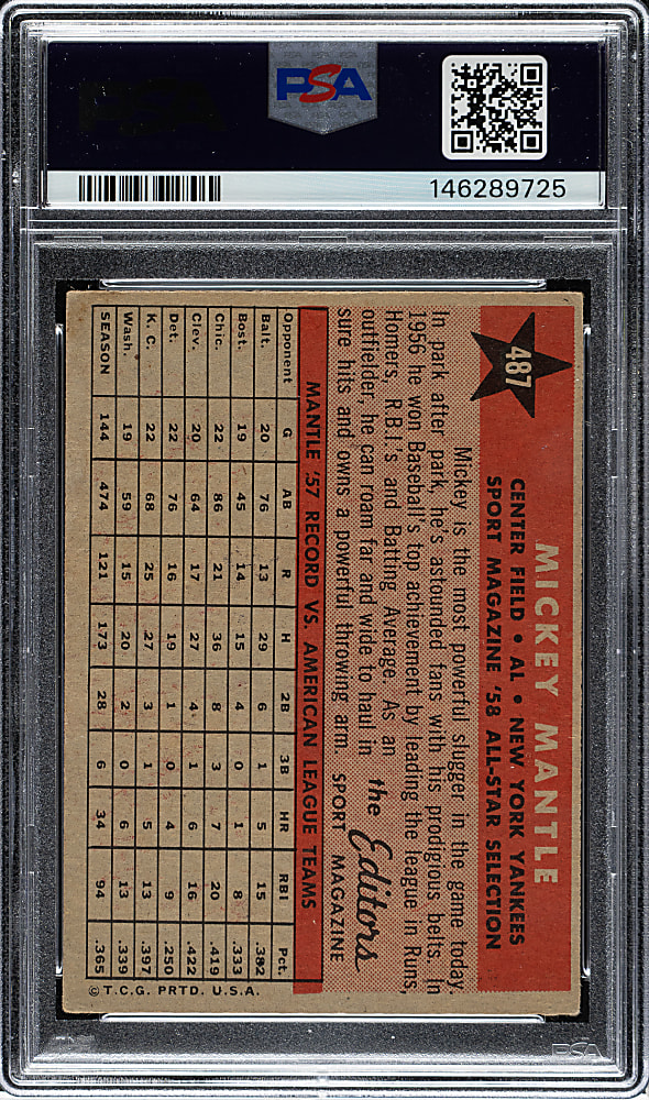 1958 Topps #487 Mickey Mantle All-Star PSA VG-EX 4