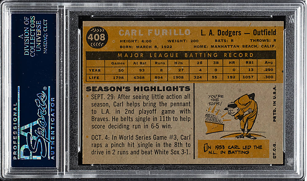1960 Topps #408 Carl Furillo Gray Back PSA MINT 9