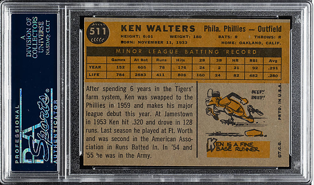 1960 Topps #511 Ken Walters PSA MINT 9
