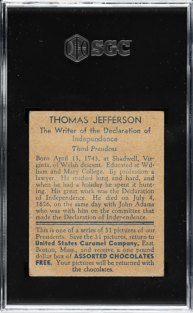 1932 R114 U.S. Caramel "Presidents" Thomas Jefferson SGC VG/EX+ 4.5