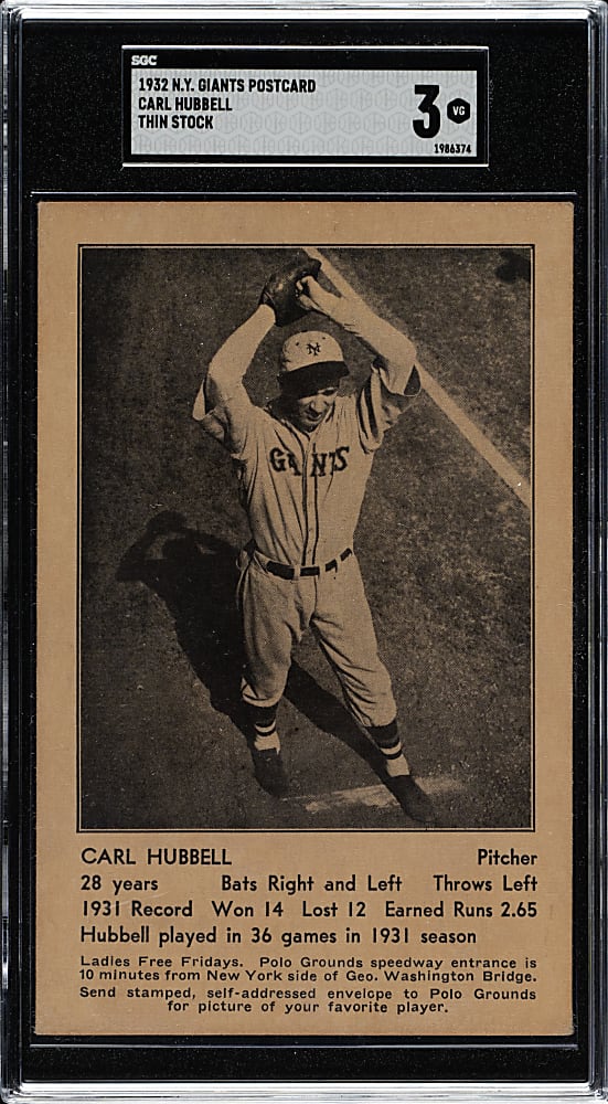1932 New York Giants Schedule Postcard Carl Hubbell SGC VG 3