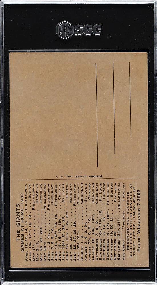 1932 New York Giants Schedule Postcard Carl Hubbell SGC VG 3