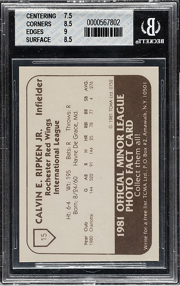 1981 TCMA Rochester Red Wings #15 Cal Ripken Jr. BGS NM-MT 8 - Pre-Rookie!