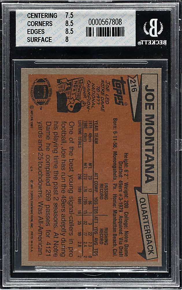 1981 Topps Football #216 Joe Montana Rookie BGS NM-MT 8