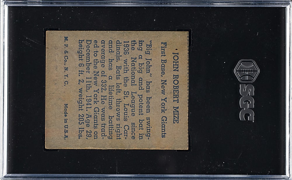 1943 R302-1 M.P. & Co. Johnny Mize SGC VG+ 3.5