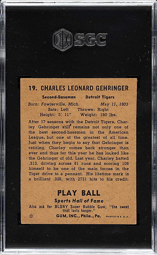 1941 R336 Play Ball #19 Charley Gehringer SGC Authentic