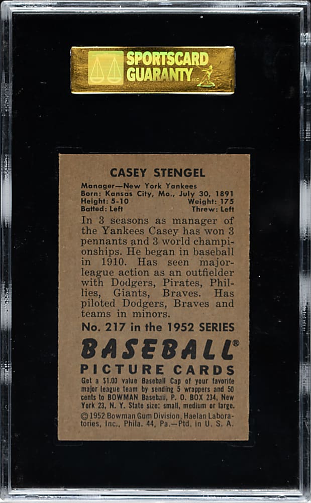 1952 Bowman #217 Casey Stengel SGC EX+ 70