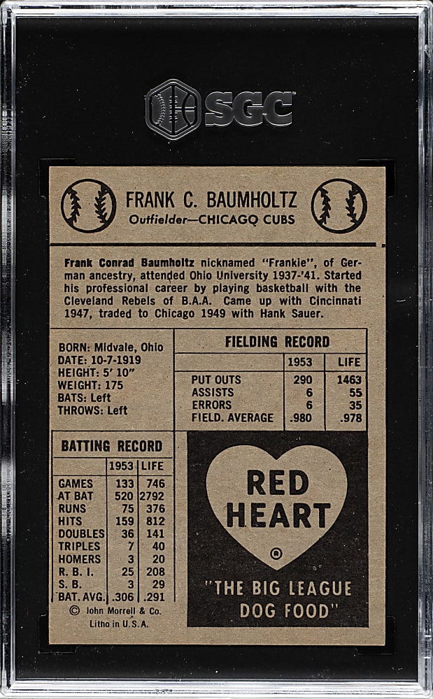 1954 Red Heart Dog Food Frankie Baumholtz SGC VG+ 3.5