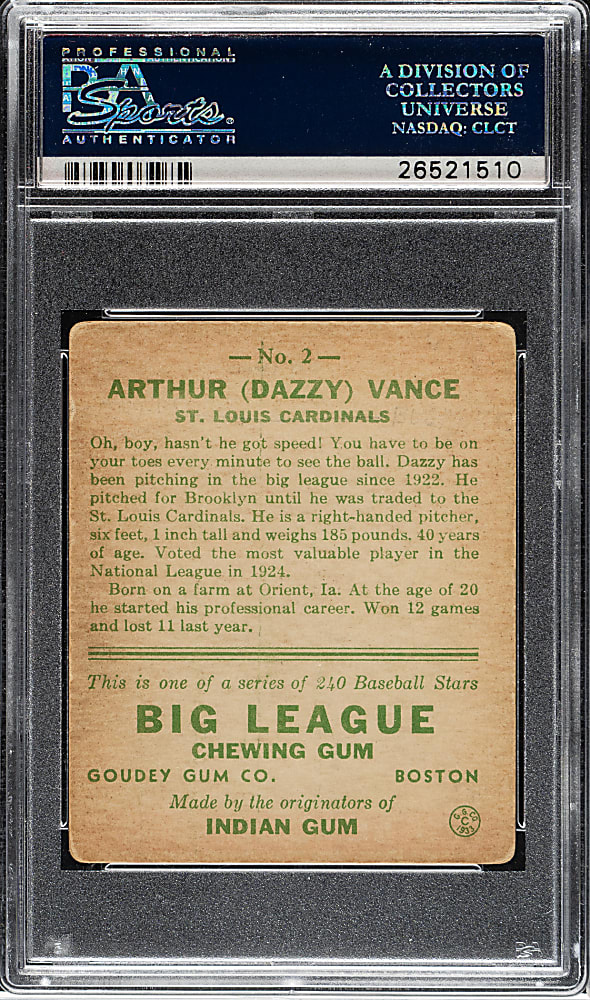 1933 R319 Goudey #2 Dazzy Vance PSA GOOD 2 (MK)