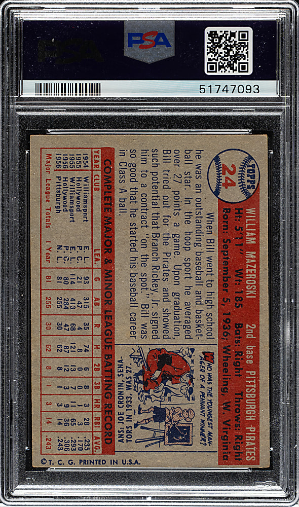 1957 Topps #24 Bill Mazeroski Rookie PSA EX-MT 6