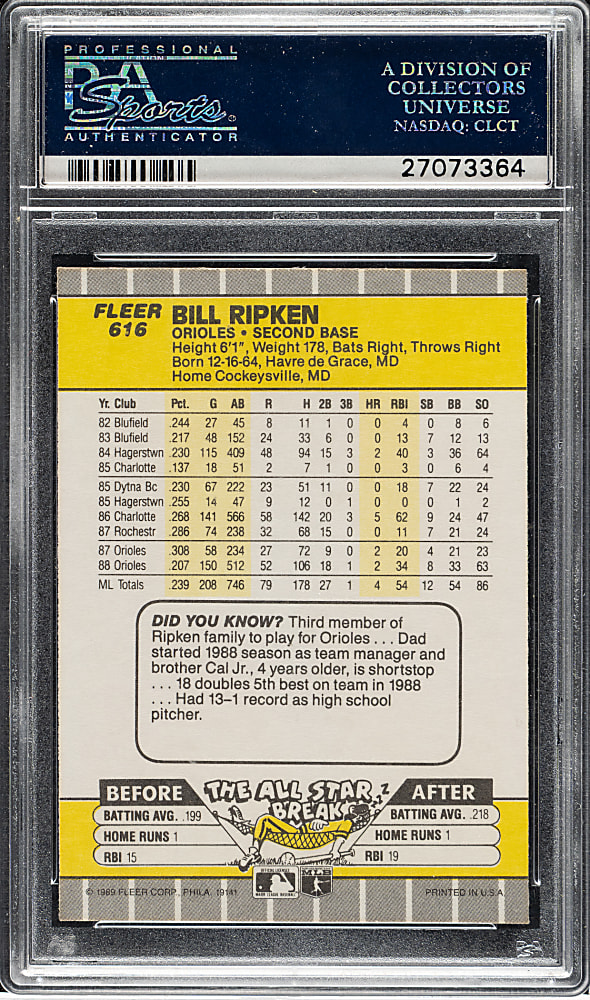 1989 Fleer #616 Bill Ripken Black Box Over Error PSA GEM MINT 10