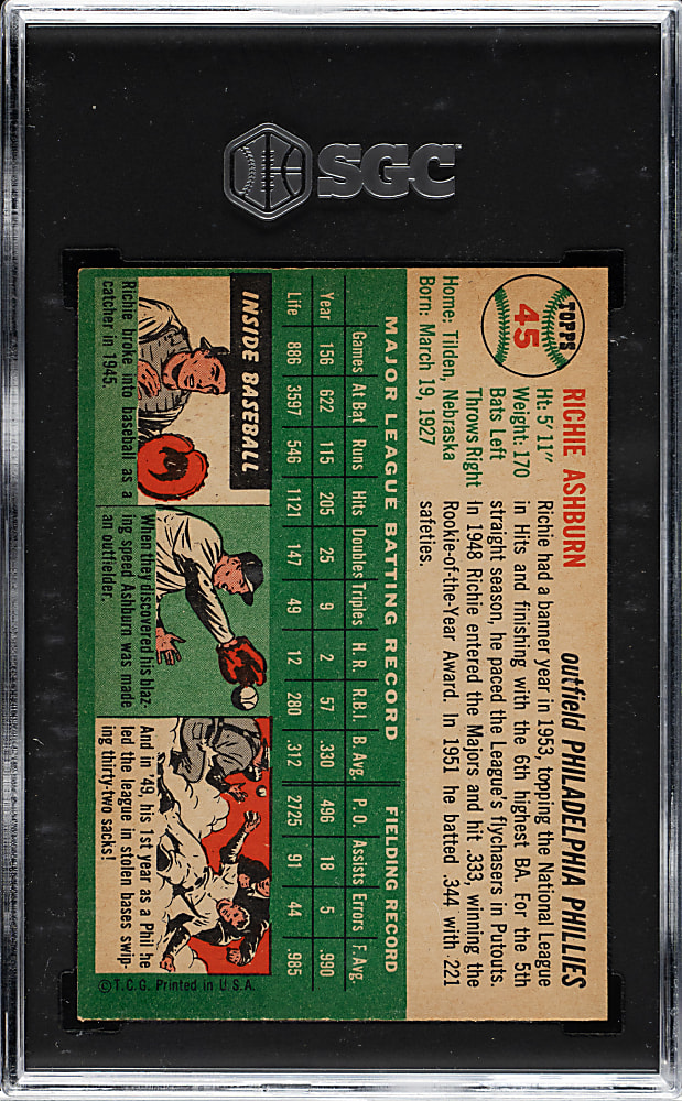 1954 Topps #45 Richie Ashburn SGC NM 7