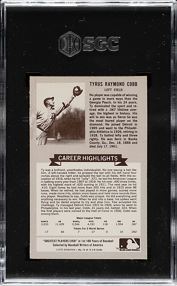 1972 Kellogg's 3-D All-Time Greats Ty Cobb SGC GOOD 2
