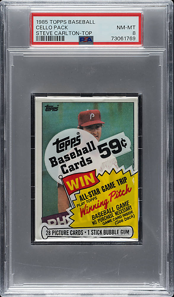 1985 Topps Unopened Cello Pack PSA NM-MT 8 - Steve Carlton on Top