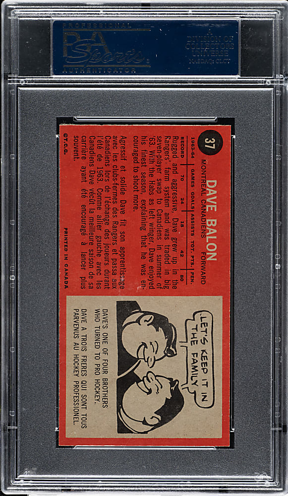 1964-1965 Topps Hockey #37 Dave Balon PSA NM-MT 8