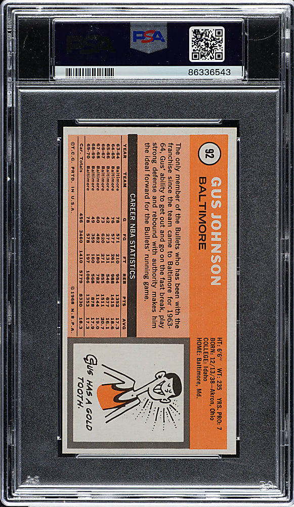 1970-1971 Topps Basketball #92 Gus Johnson PSA MINT 9