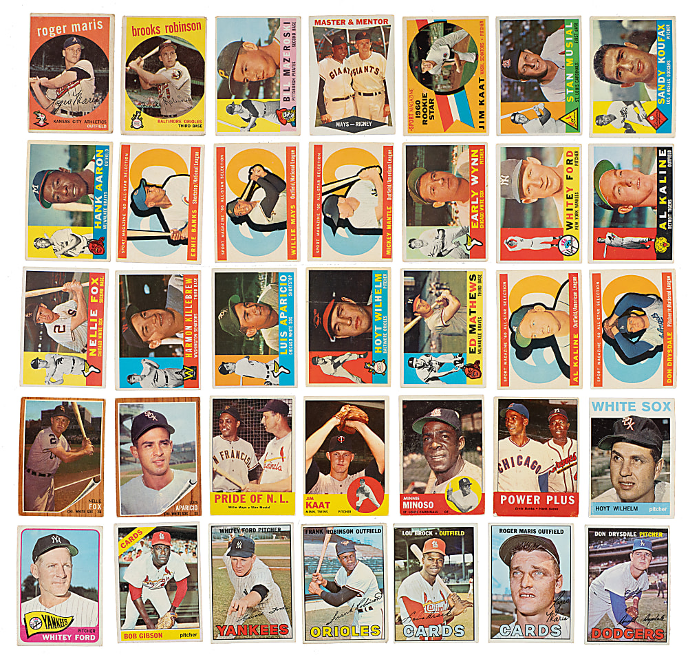 1948 to 1970 Topps and Bowman Shoebox Collection (221) with 72 Hall of Famers and Maris, Drysdale, Killebrew, and Yastrzemski Rookies