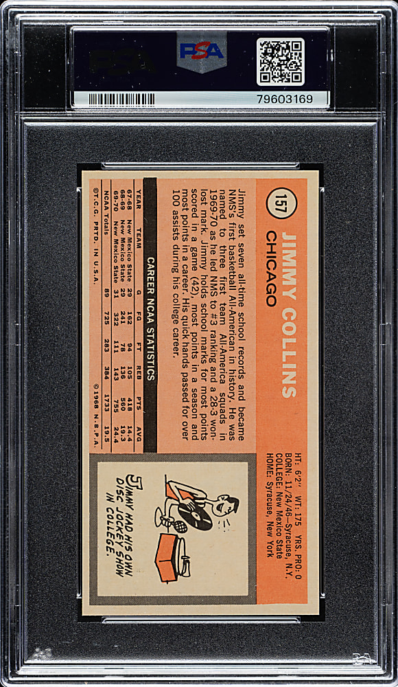 1970-1971 Topps Basketball #157 Jimmy Collins Rookie PSA MINT 9