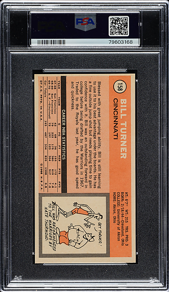 1970-1971 Topps Basketball #158 Bill Turner PSA MINT 9