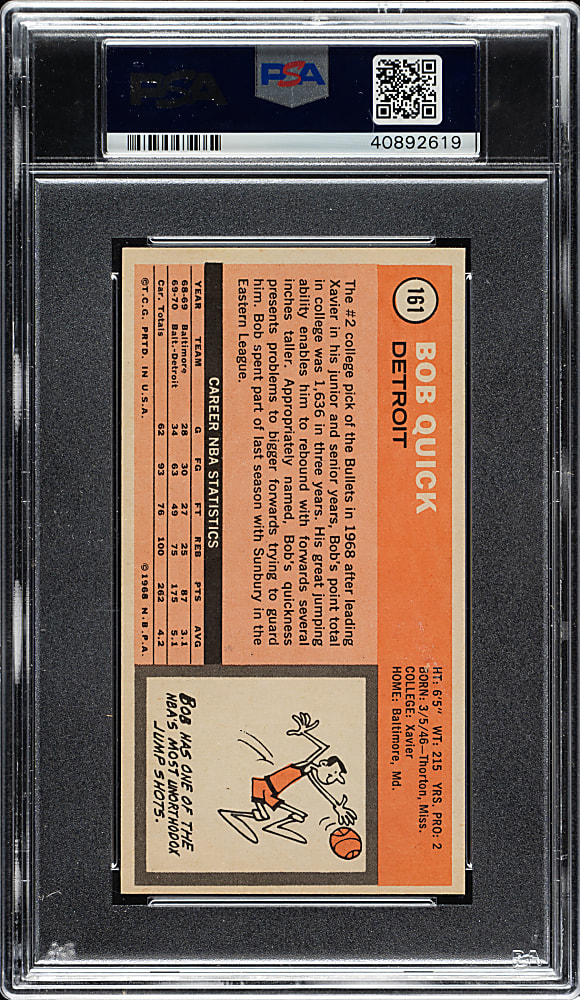 1970-1971 Topps Basketball #161 Bob Quick PSA MINT 9