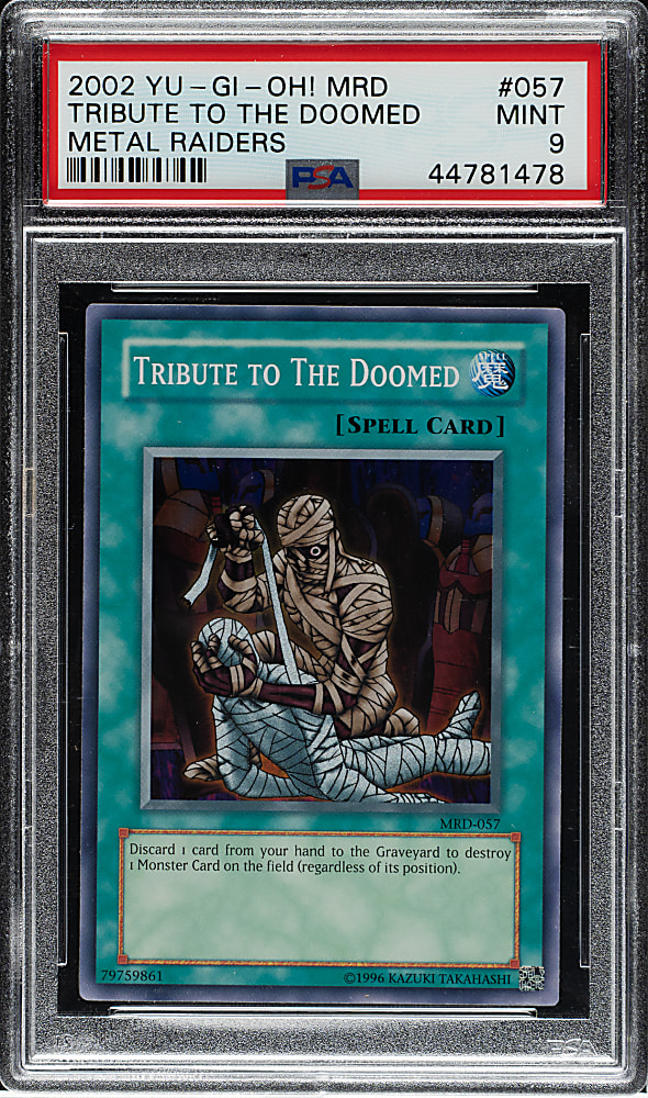2002 Yu-Gi-Oh! Metal Raiders #057 Tribute To The Doomed Super Rare Holographic PSA MINT 9