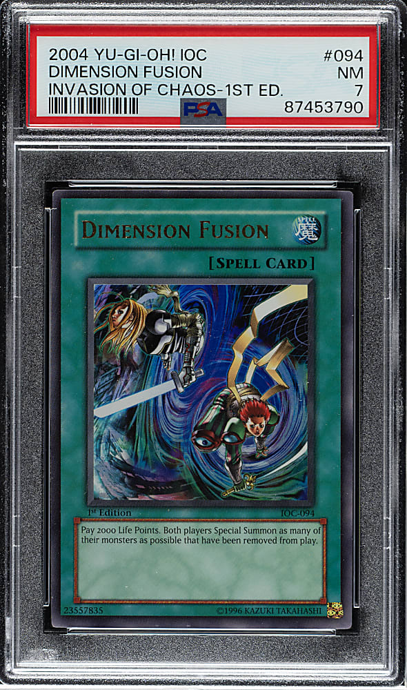 2004 Yu-Gi-Oh! Invasion of Chaos 1st Edition #094 Dimension Fusion Ultra Rare Holographic PSA NM 7