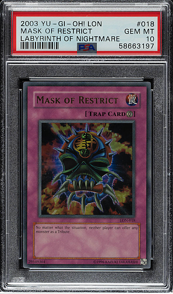 2003 Yu-Gi-Oh! Labryrinth of Nightmare #018 Mask Of Restrict Ultra Rare Holographic PSA GEM MINT 10