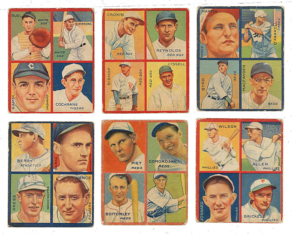 1935 R321 Goudey "4-in-1" Collection (6) Including Jim Bottomley, Mickey Cochrane, and Al Simmons