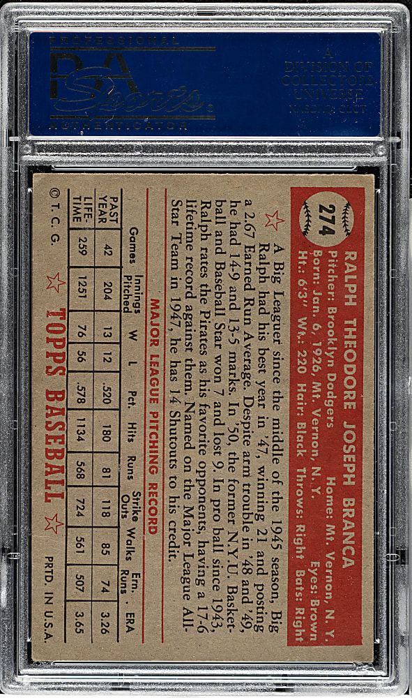 1952 Topps #274 Ralph Branca PSA VG-EX 4