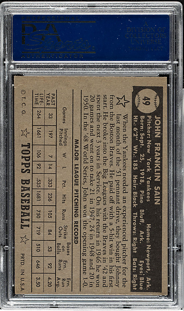 1952 Topps #49 Johnny Sain Correct Bio Black Back PSA VG-EX 4