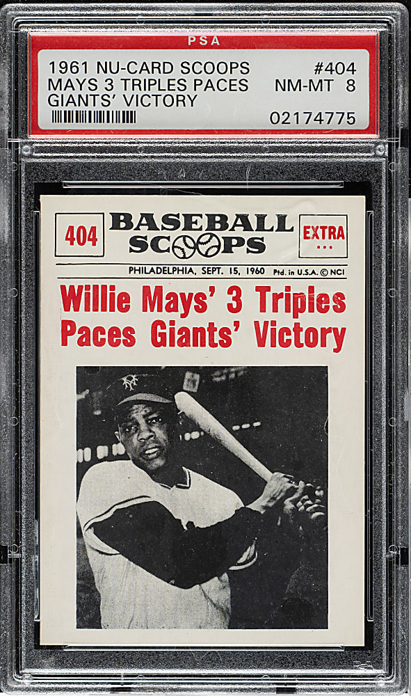 1961 Nu-Card "Baseball Scoops" #404 Willie Mays' 3 Triples Paces Giants' Victory PSA NM-MT 8