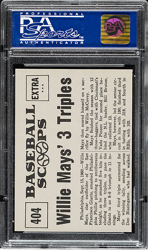1961 Nu-Card "Baseball Scoops" #404 Willie Mays' 3 Triples Paces Giants' Victory PSA NM-MT 8