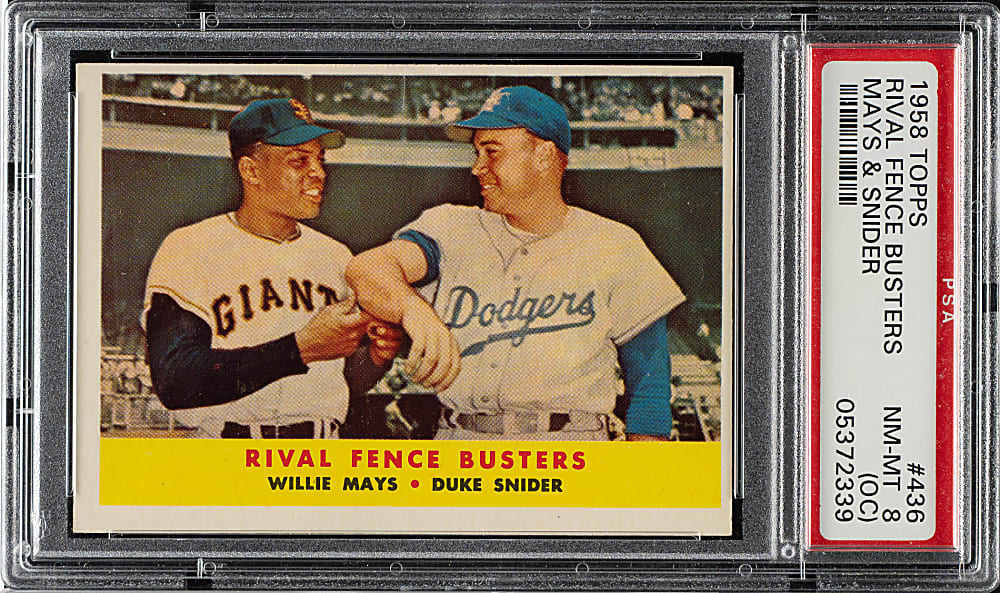 1958 Topps #436 Rival Fence Busters with Willie Mays and Duke Snider PSA NM-MT 8 (OC)