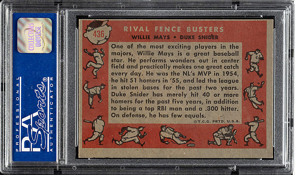 1958 Topps #436 Rival Fence Busters with Willie Mays and Duke Snider PSA NM-MT 8 (OC)