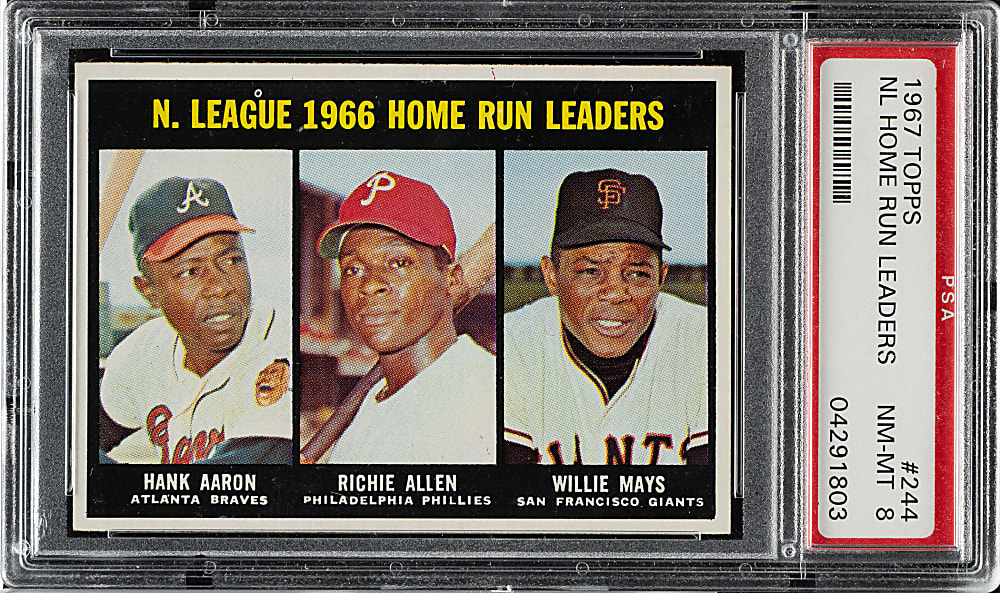 1967 Topps #244 N.L. Home Run Leaders with Hank Aaron and Willie Mays PSA NM-MT 8