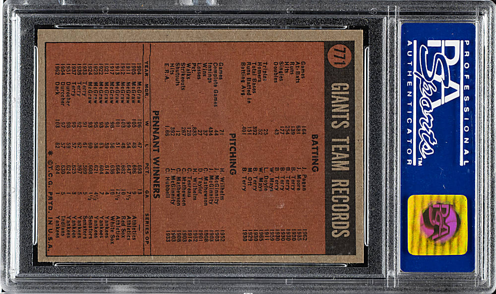 1972 Topps #771 San Francisco Giants Team PSA MINT 9